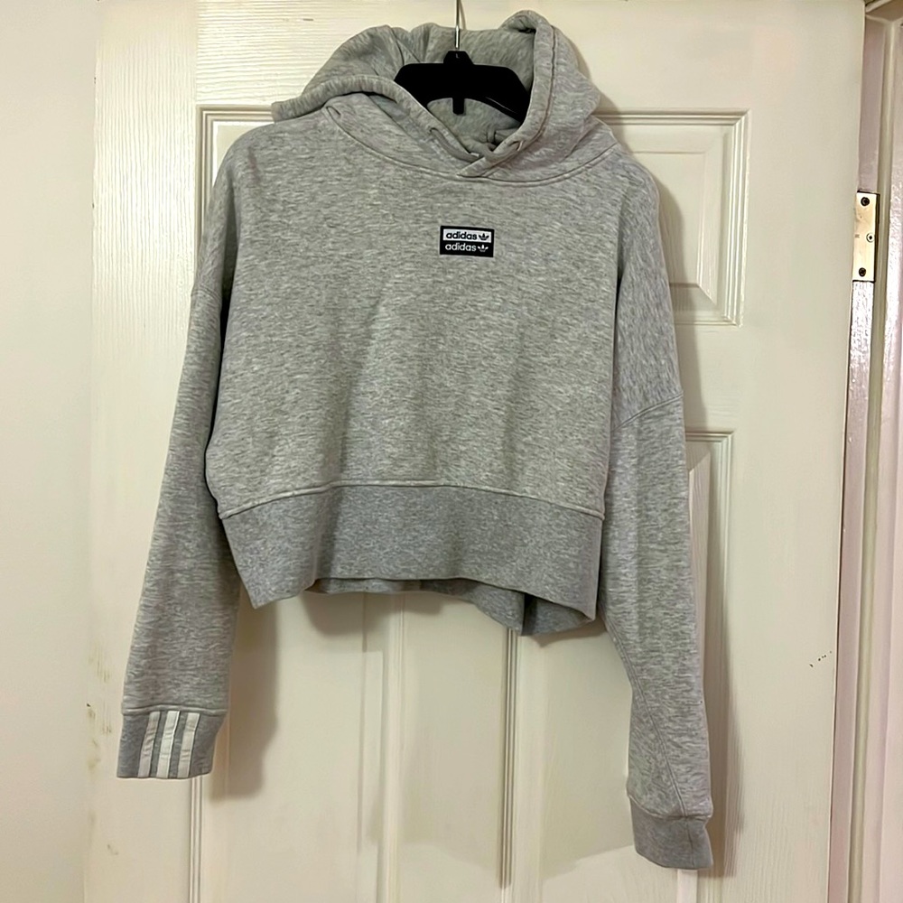 Adidas women’s gray, hooded crop sweatshirt.